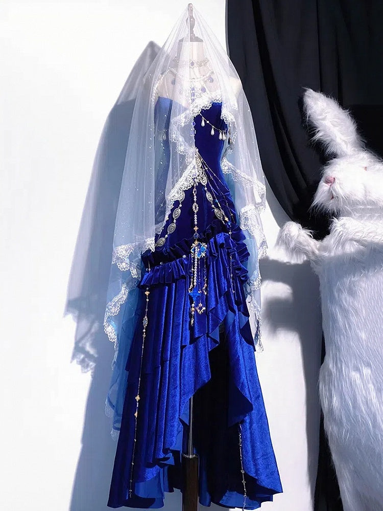 ディープシーブルーベルベットマーメイドスカートバックレスセイレンプロムドレスイブニングガウンBE001