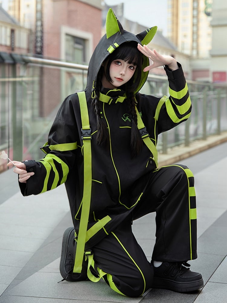 Schwarze und grüne Jirai Kei Techwear-Hose im Landmine-Stil