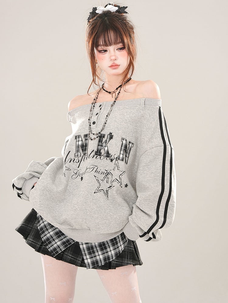 Graues Sweatshirt mit schulterfreiem Ausschnitt und Buchstaben-Patch-Stickerei