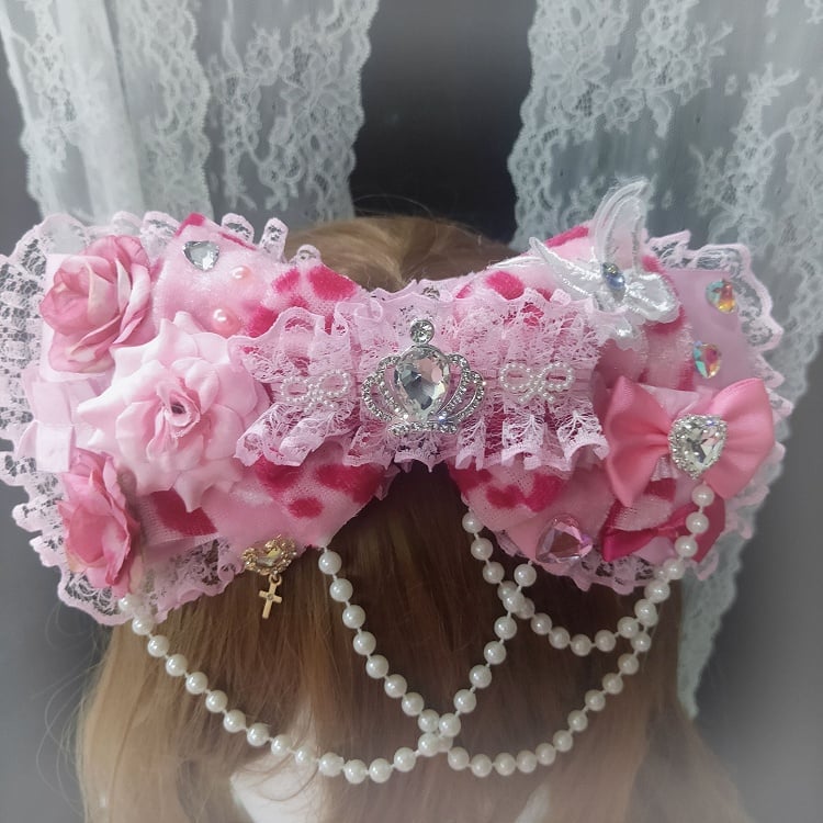 Leopard Design Charm Pattern Lace Bowknot Trim Pink Beaded Hairclip Floral Rhinestone Decorated