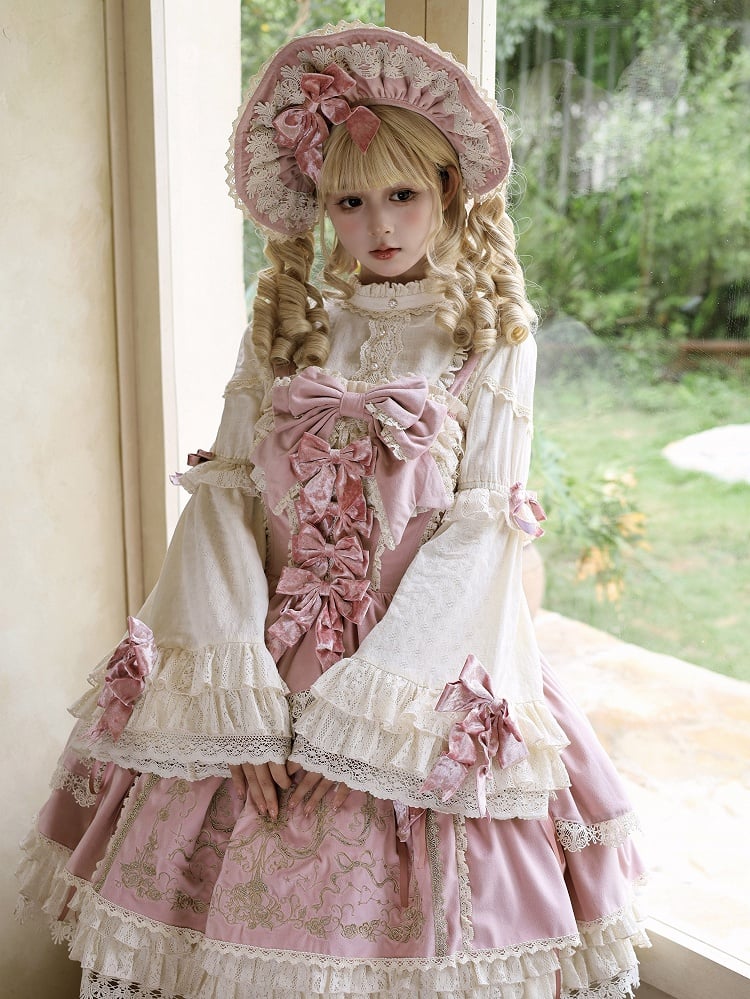 Lolita Candle Decoration Dress Bows JSK Velvet Embroidery / Pink