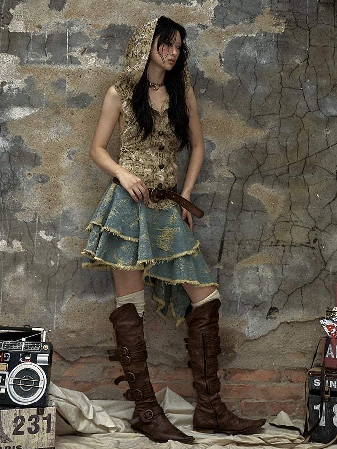 レタードカーキトップデニムハンカチスカートパンクフード付きドレス