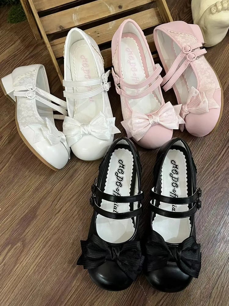 Round Pink Shoes Leather Double Buckle Style Bow for PU with Elegant Design Toe - Lolita