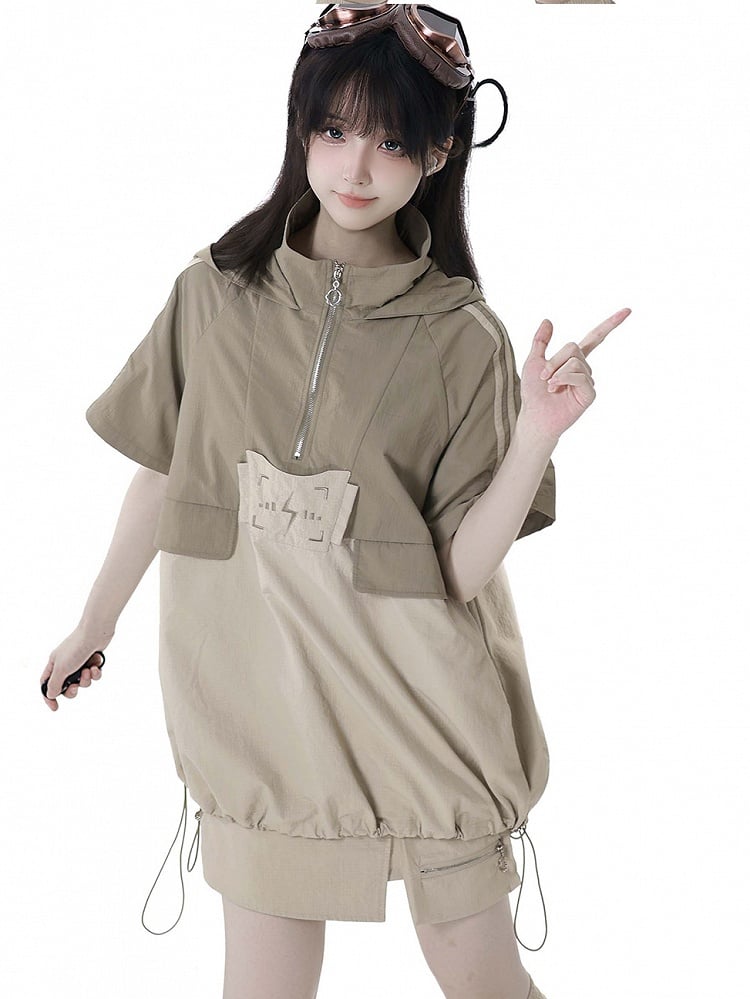 Khaki Colorblock Lightning Embroidery Drawstring Techwear Hooded T-shirt Hem
