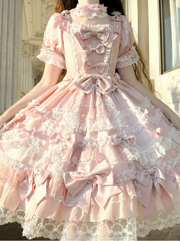 Dress Sweet Lolita Pink Accents High Detachable with Sleeves Bow Waist Princess
