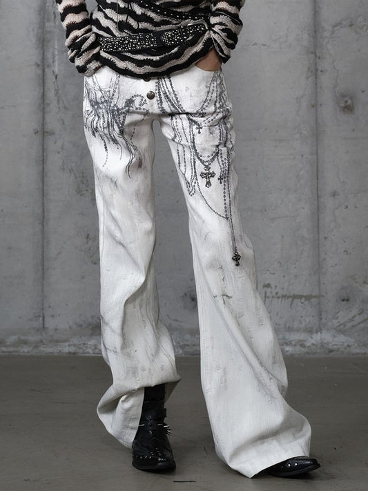 with Chain Studs Print Punk Cross Pants Button-Up Wide-Leg Fly White