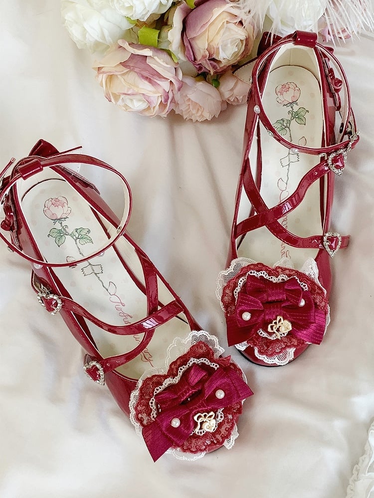 Heels Red - Crisscross Straps in PU Lolita Sweet Wine High Leather Block