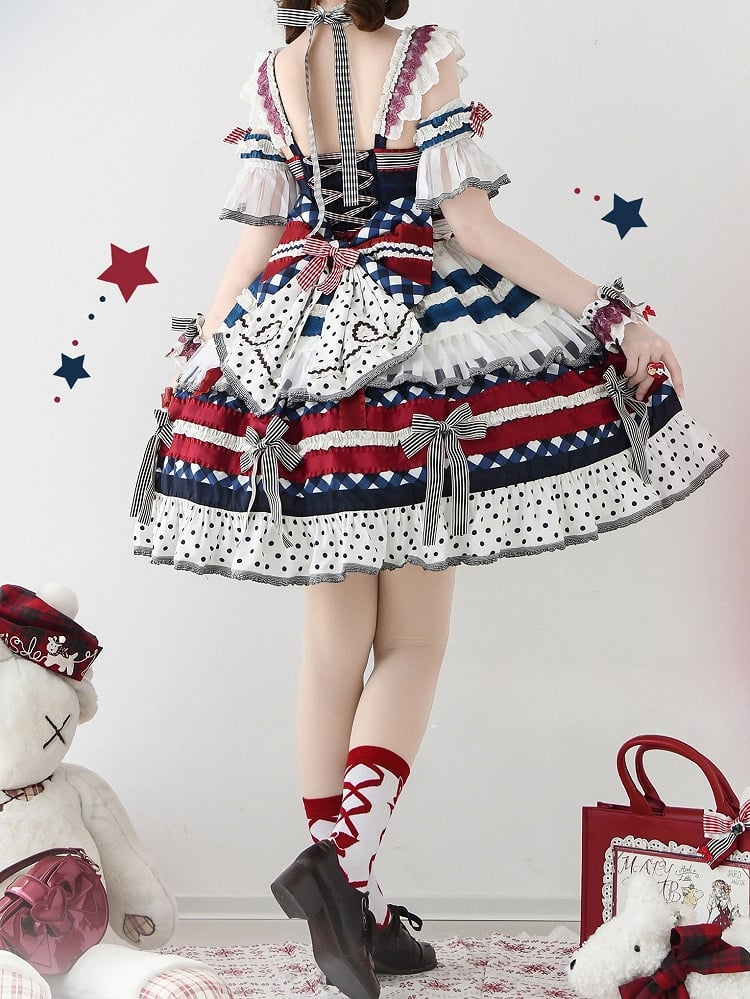 Sweet Bow Skirt Accents Dark Tiered JSK Lolita Full Blue Blueberry Red Set and Cake
