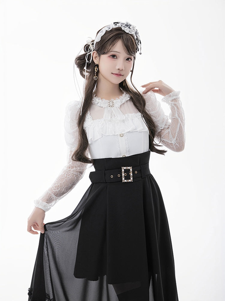 Blouse+Bow Tie White Illusion Neckline Juliette Sleeves Jirai Kei Lace