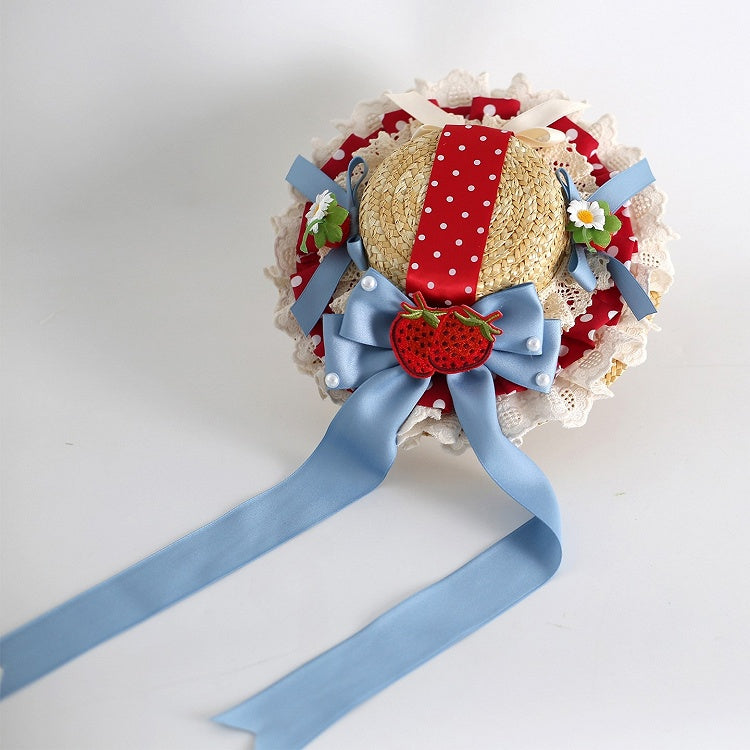 Blue Straw Mini Red with Strawberry Applique Hat