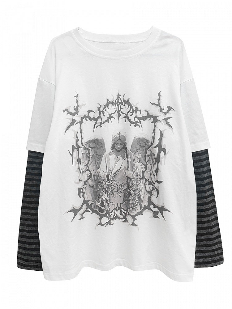 ホワイトダークカワイイストライプスリーブグラフィックTシャツ
