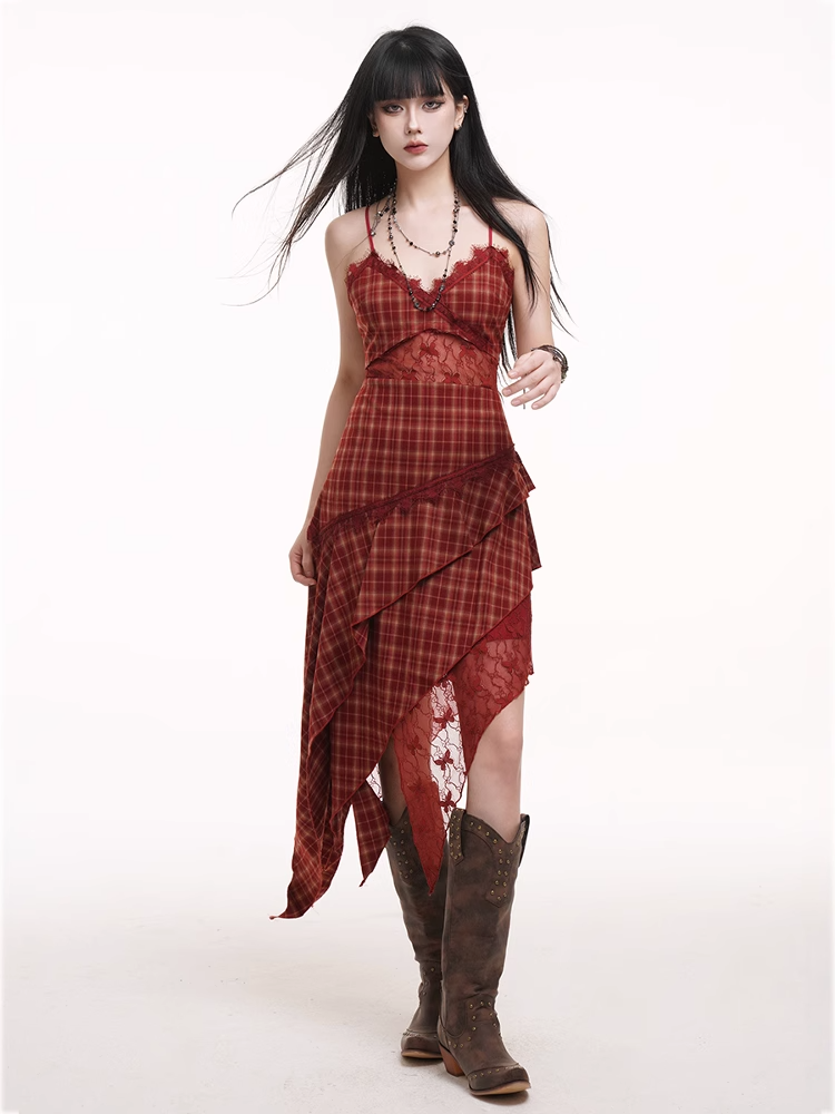 Handkerchief Hem Cutout Midriff Cami Dress Red Plaid V-neck