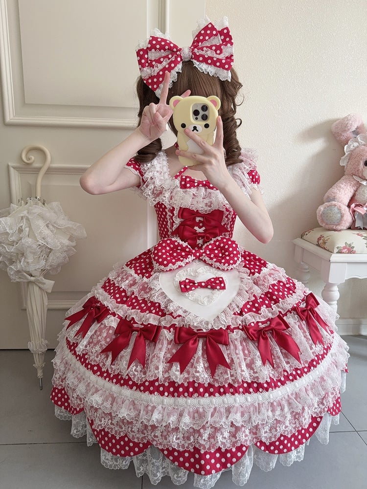 Dress Pattern Old Red Dots Short Polka School Sleeves Bow Accents Lolita