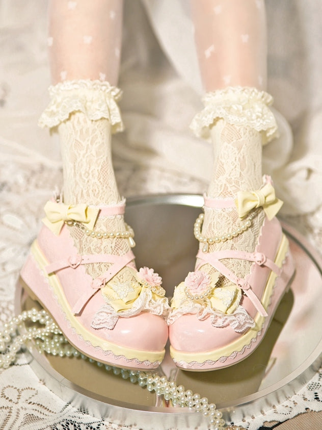 Floral at Platforms Heart Bow Design Beaded Buckle Chain Detachable Pink Lace With Trim Top