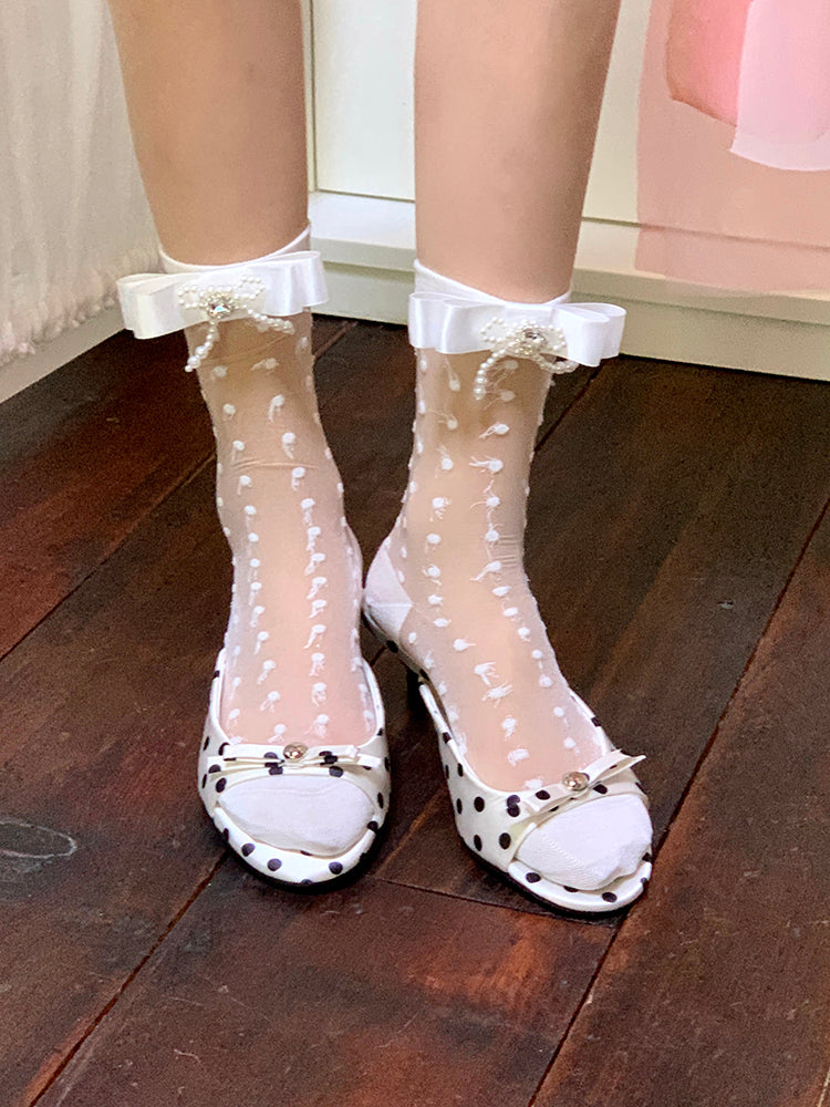 Socks Beaded Bowknots White/Apricot/Black/Grey