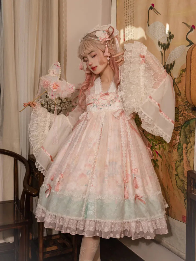 Peach and Peach Blossom Print Pink Empire Waist Han Lolita Dress