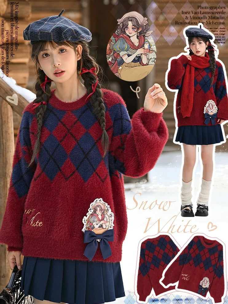 Schneewittchen-Prinzessin, roter Mohair-Pullover mit Rautenmuster