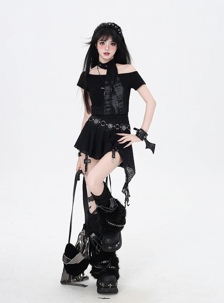 and All-in-one Hem Mini Punk Dress Choker Glamorous Black Asymmetrical Neckline and