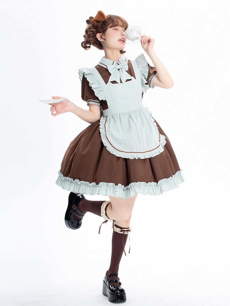 Dress Puff Short Lolita Sleeves Brown Kitty Mint Green + Maid and Apron