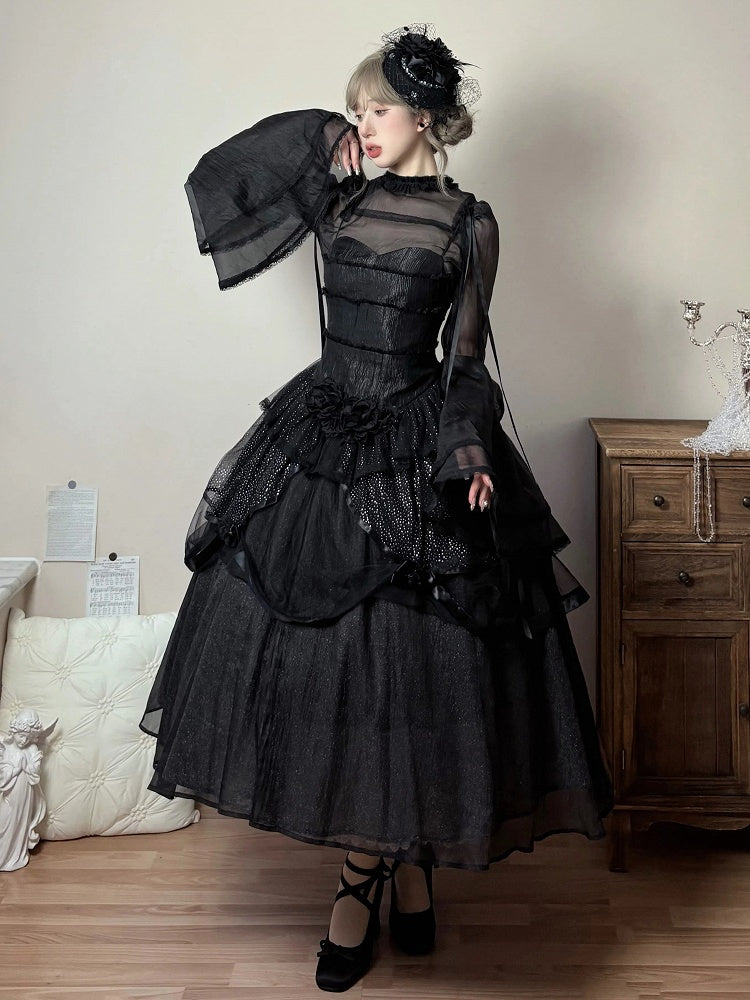 Spaghetti Elegant JSK Dress Lolita Black Straps Full Layered Kuro Set Shimmering