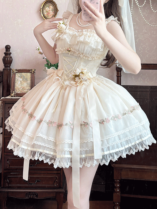 Beige Sleeves Bowknots Decoration Ribbon Lolita Dress JSK Flutter Sweet Boned Waist Balletcore