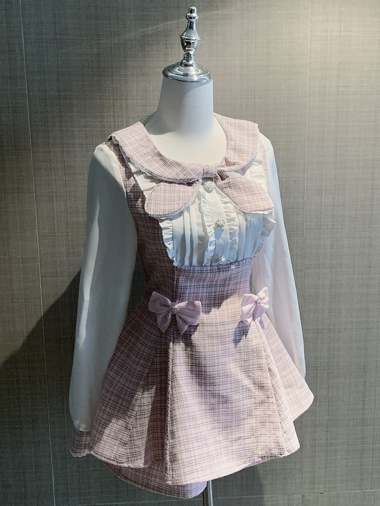 Kei Design Sleeves Top Plaid Outfit-Pleating + Details Jirai Bowknot Shorts Pink Long