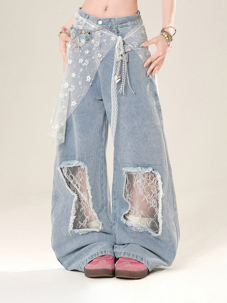 Lace Waist Accessory Patches Blue Low Wide-Leg Jeans with Waist Distressed Holes