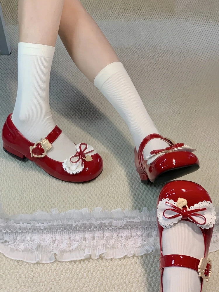 Janes Mary Täglich Bequeme Mehrschichtige Schuhe mit Niedrigem Absatz und süßen roten Schleifen Lolita -