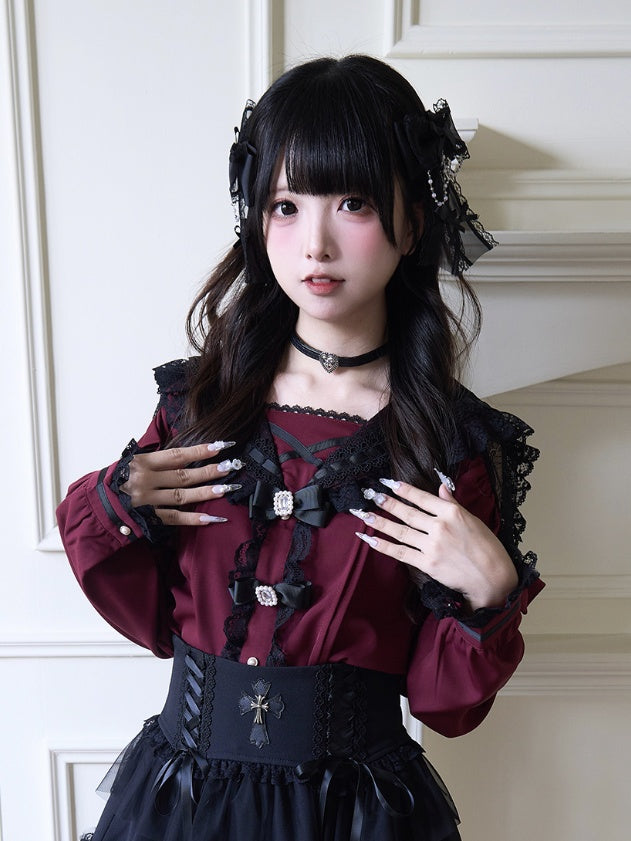 Rhinestones Bowknots Blouse Red Jirai Kei Sailor Collar Ruffled Lace Trim Wine