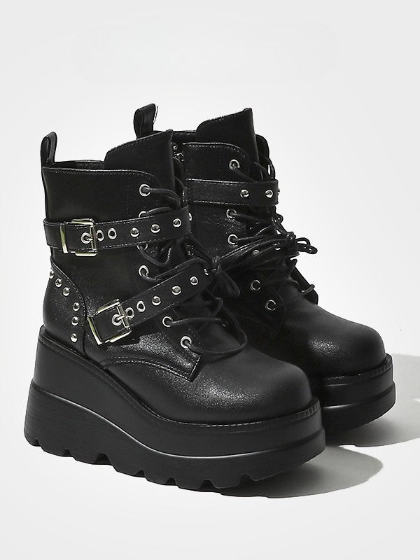 Triple Style Platform - Studs with Black Details Punk System Boots Fastening in