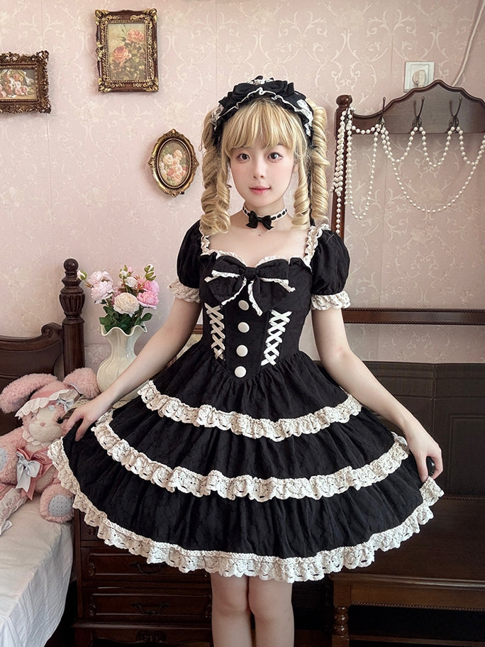 and Lolita Waist One Lace Piece Basque School Dress Beige Old Black Trim