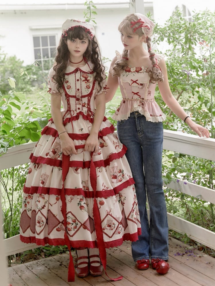 Red Apples Print Tiered Hem Cottagecore Lolita Skirt