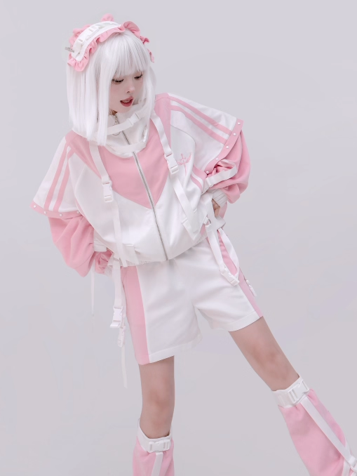 and with Oversized White Closure Techwear Details Colorblock Pink Fit Jacket Snap