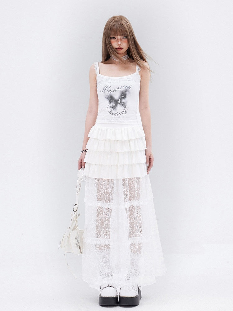 Long White Lace Skirt Hem Ruffle Tiered