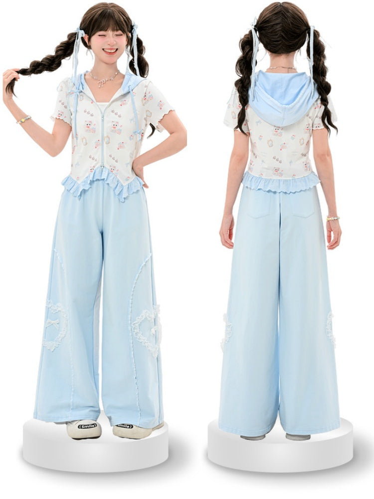 Zip-up Hooded Cute Kitty Print Curved Hem Lace Blue Trim T-Shirt