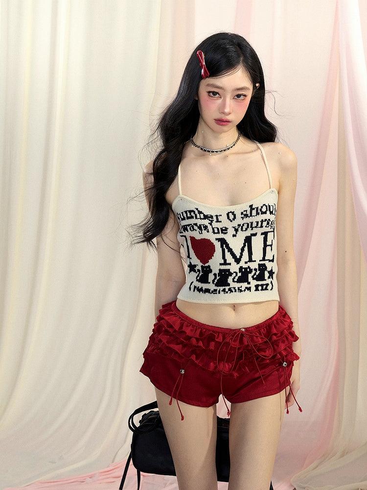 Letter Cropped Top Print Glamorous Pink/Black/Apricot Halter Neck