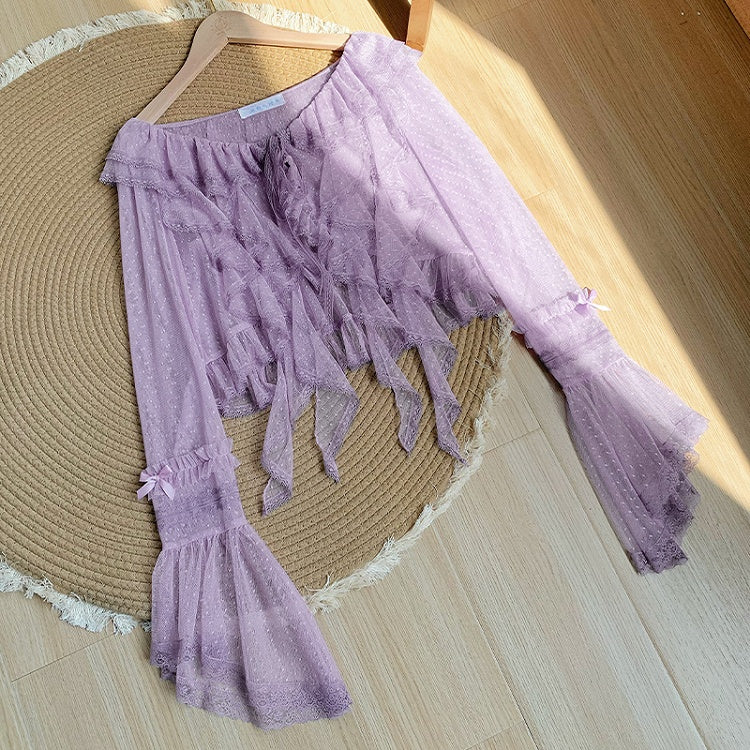 Long Sleeves Ruffle Sheer Top Cascading Dotted Purple Trim Tulle