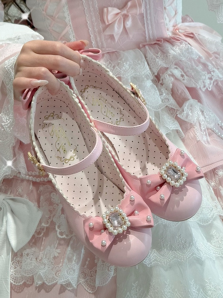 Schuhe Janes Bowknot Strass verziert und rund Mary Lolita Details Perlen Zehen rosa