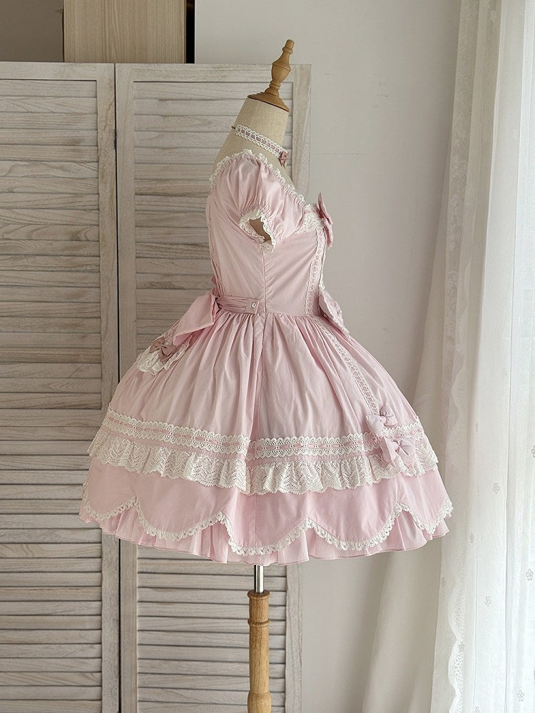 Lolita Piece and Neckline Puff Cotton School Pink Square One Old Short Sleeves Dress