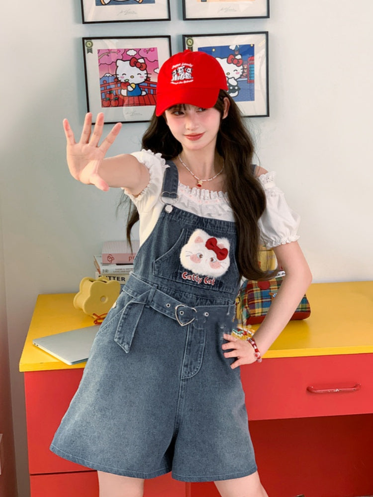 Heart Shorts Plush Kitty Denim Dark Blue Faded Buckle Wash Belt Overall with