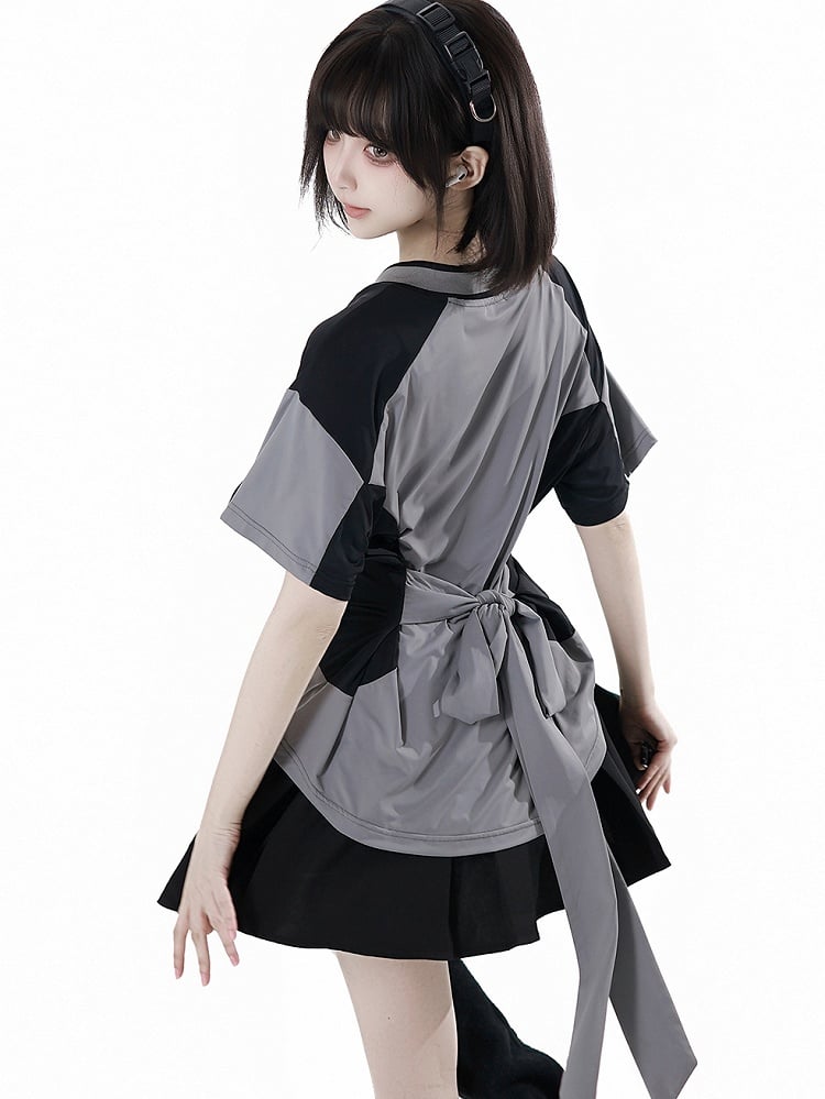 T-shirt Star Appliques V-neck Sports Colorblock Design Plaid Black/Gray