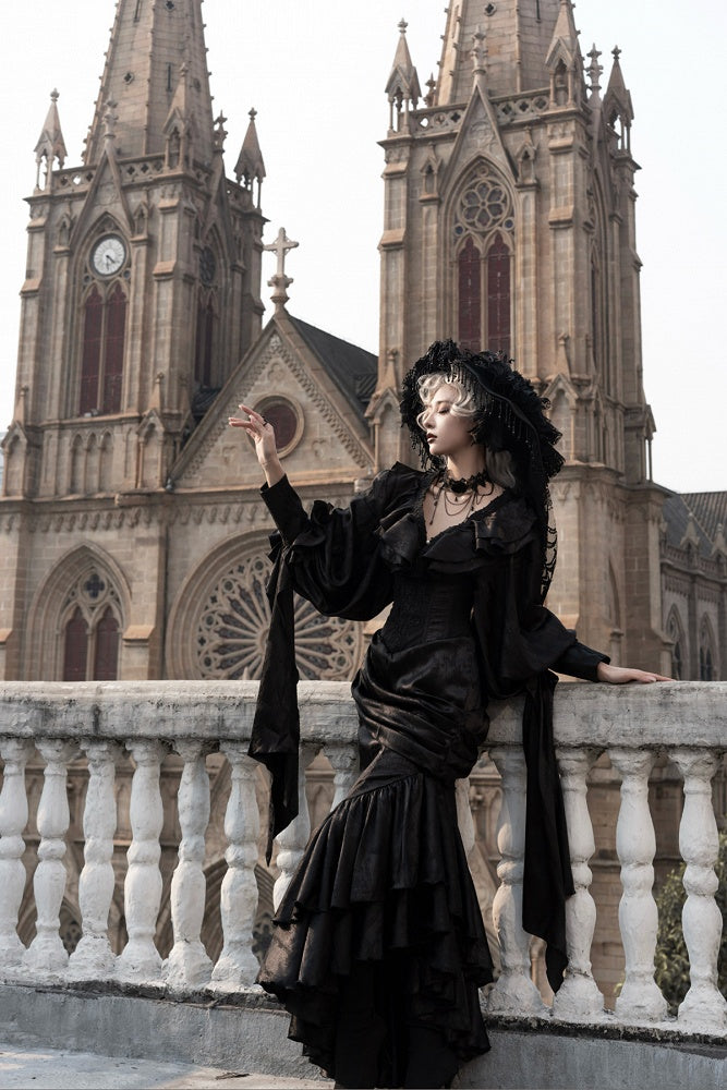 Flounce Gothic Skirt Hem Corset Waist Mermaid Cascading Black Boned Asymmetrical Lolita High