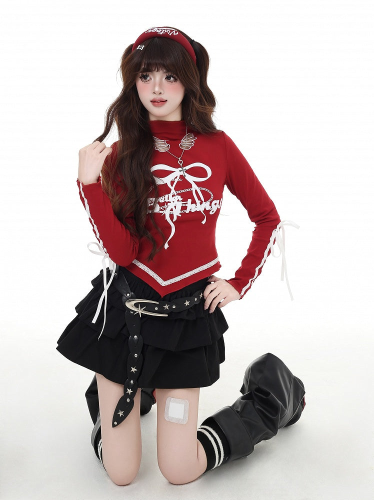 Print Cutout Bowknot Curved Hem Top Red/Black Mock Wing-shaped Vintage Neck