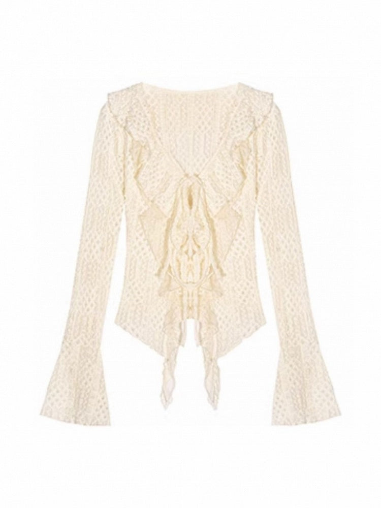 Beige Wasteland Cardigan with Bell Sleeves Punk Lace V-Neck Ruffled