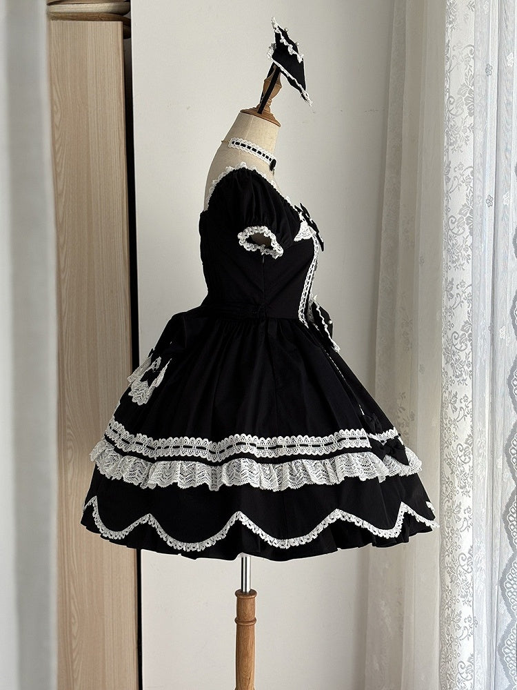 Lolita Sleeves Black Old Short Neckline School Piece Puff Square One and Dress Cotton