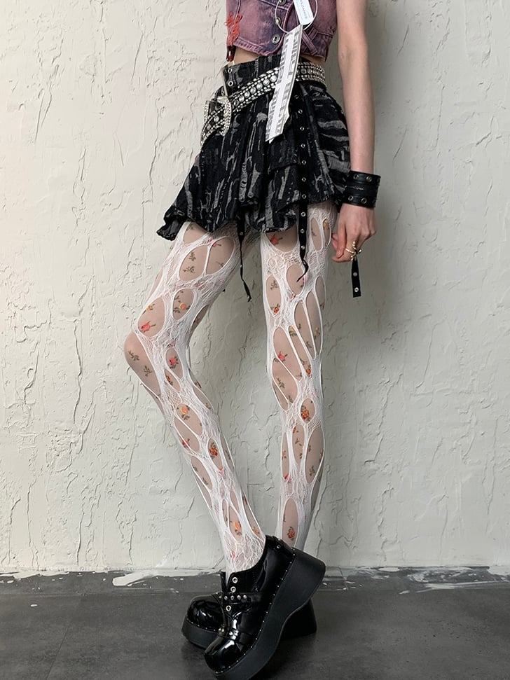 White Cut-out Design Y2K Tights
