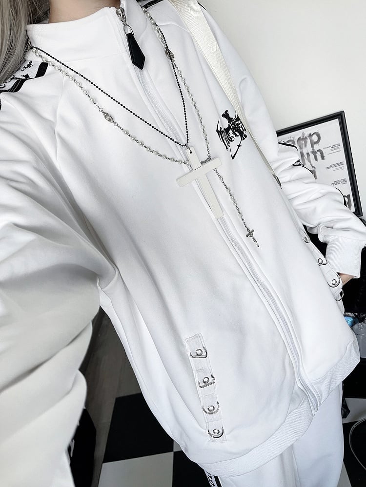 Jacket Print Letter Sweatshirt Gothic White Cross And