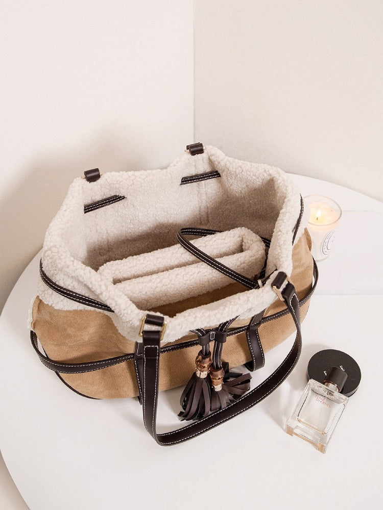 Brown Tote Bag With Vintage Bamboo Knot Accents - Large Capacity Shoulder Bag For Fall And Winter Plush Trim