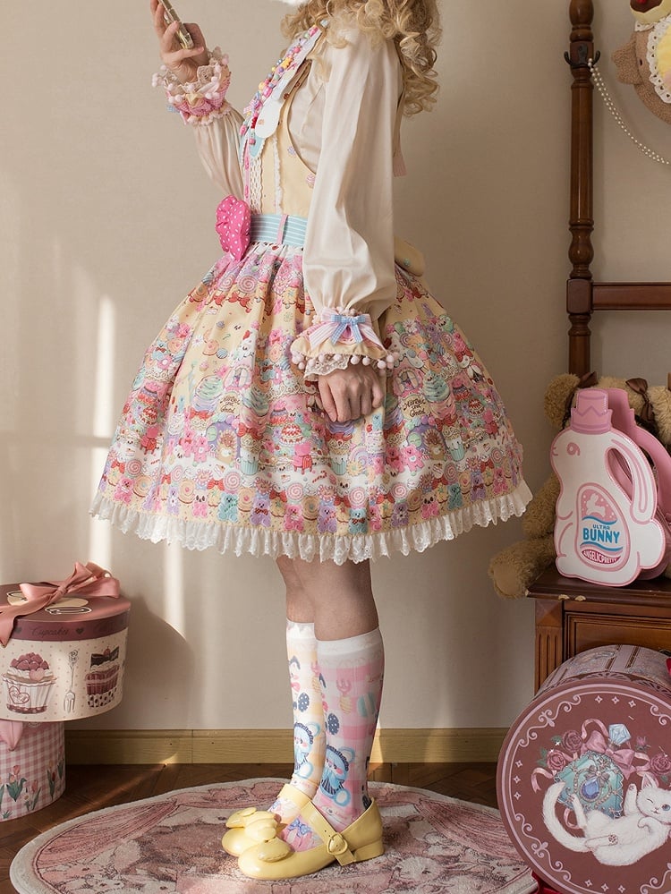 Desserts Gummy Sweet Dress Print and Overall Bear Yellow Lolita