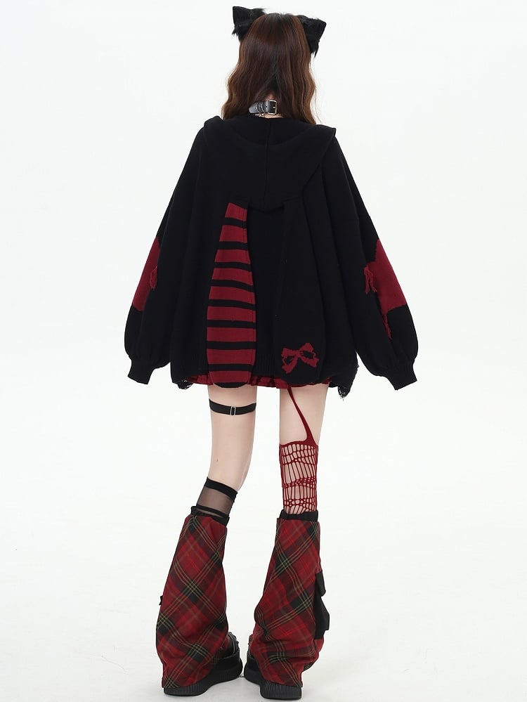 Y2K Schwarz gestreifte Strickjacke mit Hasenohren und Kapuze und V-Ausschnitt